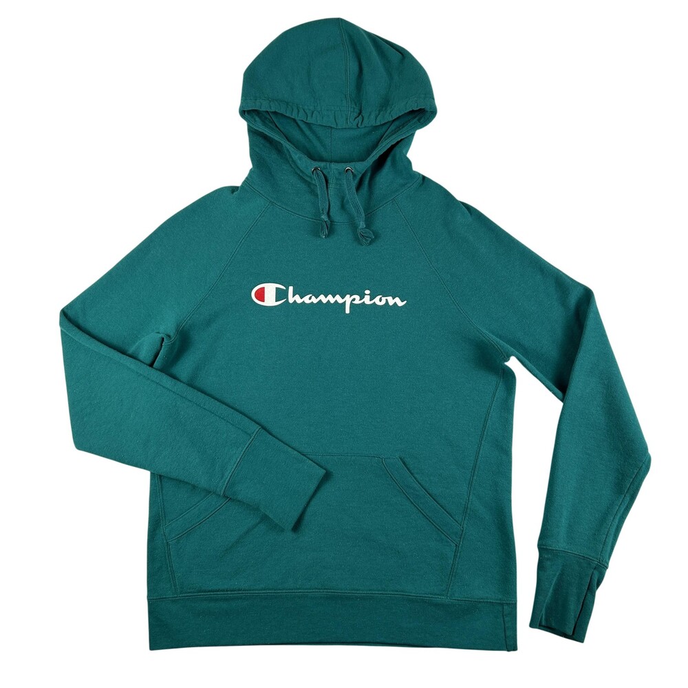 Champion Hoodie Sweatshirt Womens Small Green Fleece Pullover Script Logo